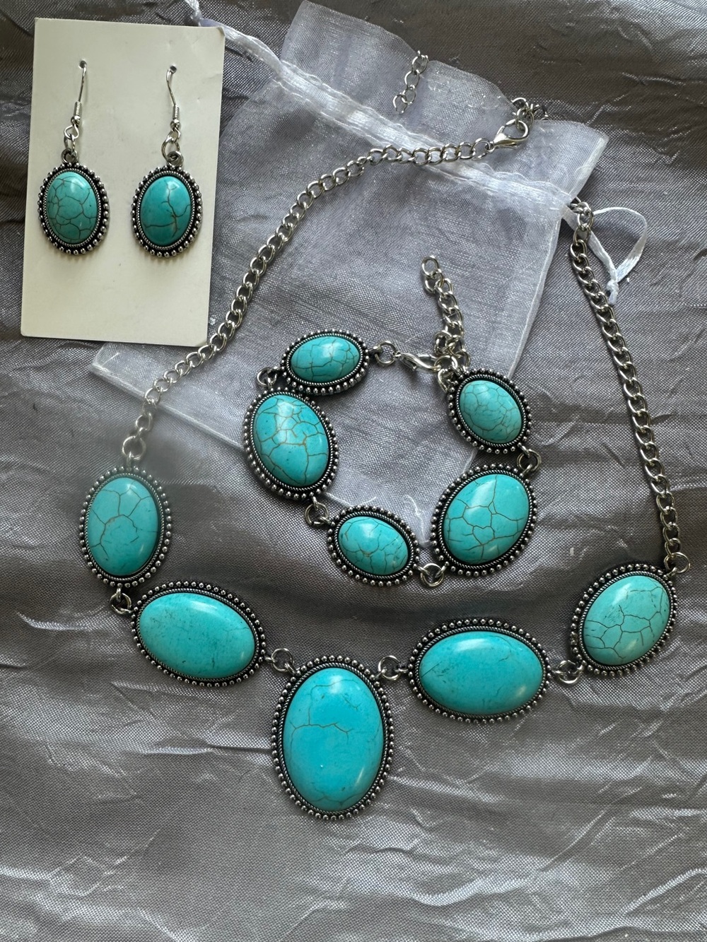 Turquoise Oval Statement Jewelry Set - Necklace Bracelet Earrings (dyed haloite